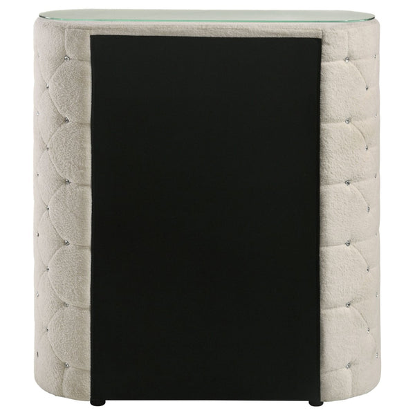 English Elm Santiago Boucle Upholstered Five Drawer Chest with Crystal Knobs and Glass Top B062P521077
