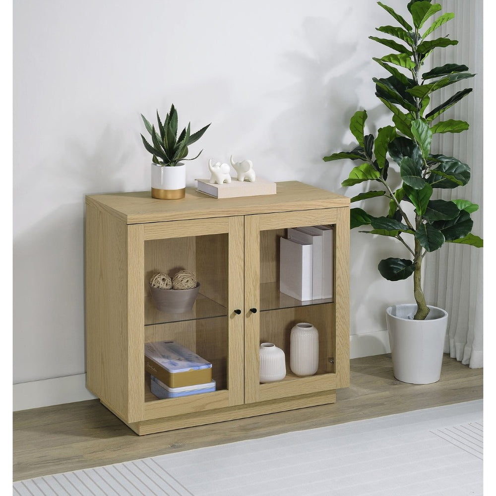 English Elm Metro Glass Door Display Cabinet Light Oak Finish with Adjustable Shelves for Living Rooms B062P521102