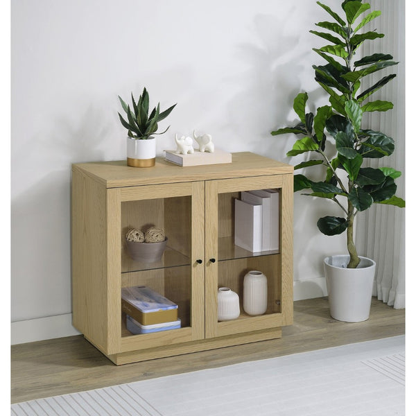 English Elm Metro Glass Door Display Cabinet Light Oak Finish with Adjustable Shelves for Living Rooms B062P521102