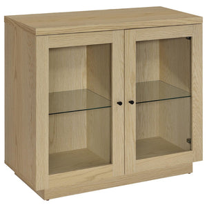 English Elm Metro Glass Door Display Cabinet Light Oak Finish with Adjustable Shelves for Living Rooms B062P521102