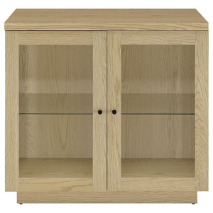 English Elm Metro Glass Door Display Cabinet Light Oak Finish with Adjustable Shelves for Living Rooms B062P521102