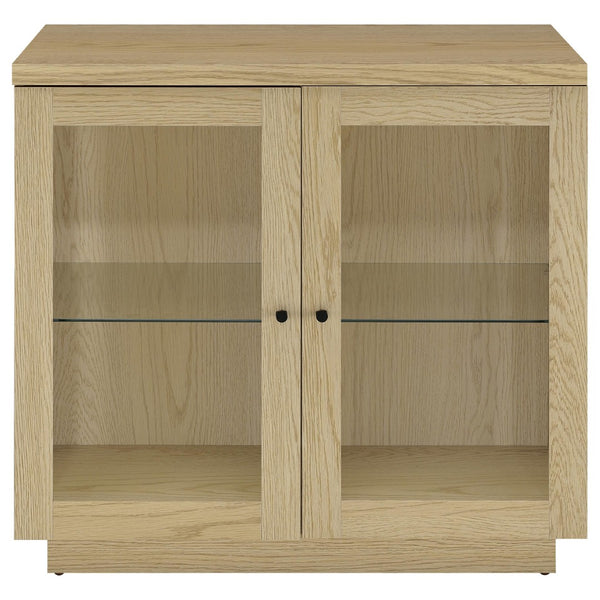 English Elm Metro Glass Door Display Cabinet Light Oak Finish with Adjustable Shelves for Living Rooms B062P521102
