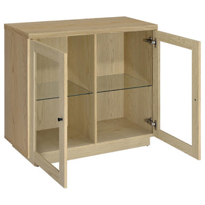 English Elm Metro Glass Door Display Cabinet Light Oak Finish with Adjustable Shelves for Living Rooms B062P521102