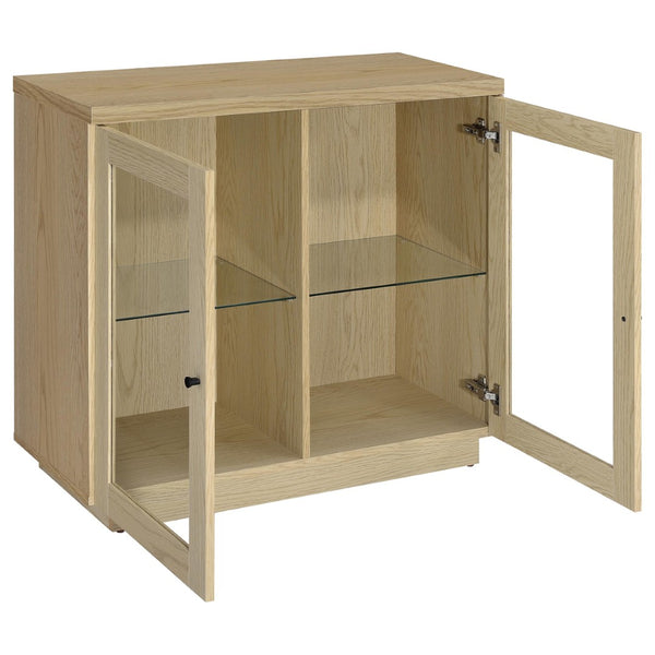 English Elm Metro Glass Door Display Cabinet Light Oak Finish with Adjustable Shelves for Living Rooms B062P521102