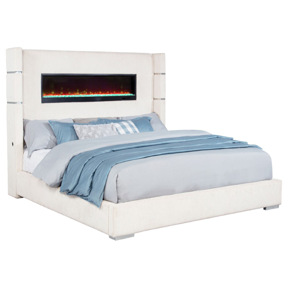 English Elm Judah Wingback Eastern King Bed Cream Corduroy with TV Lift and Flame Visualizer B062P521106