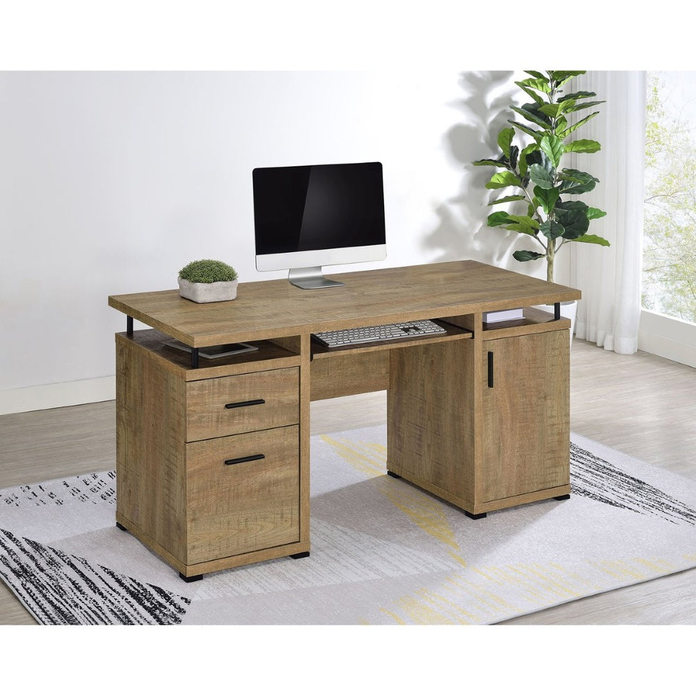 English Elm Swan 55 Inch Home Office Desk with Drawers Raised Shelf and Warm Mango Finish B062P521110