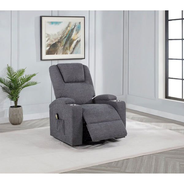 English Elm Grey Chenille Power Lift Recliner with Heat Massage Storage Pockets and Cup Holders B062P521995