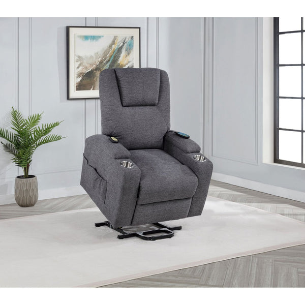 English Elm Grey Chenille Power Lift Recliner with Heat Massage Storage Pockets and Cup Holders B062P521995
