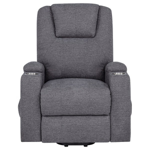 English Elm Grey Chenille Power Lift Recliner with Heat Massage Storage Pockets and Cup Holders B062P521995