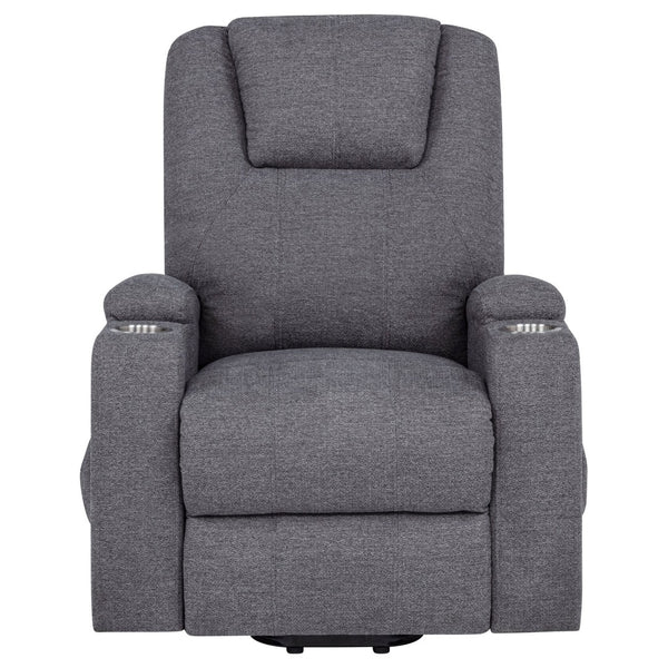 English Elm Grey Chenille Power Lift Recliner with Heat Massage Storage Pockets and Cup Holders B062P521995