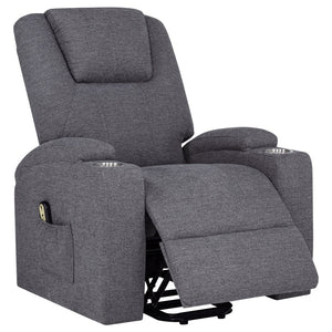 English Elm Grey Chenille Power Lift Recliner with Heat Massage Storage Pockets and Cup Holders B062P521995