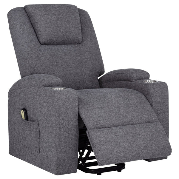 English Elm Grey Chenille Power Lift Recliner with Heat Massage Storage Pockets and Cup Holders B062P521995