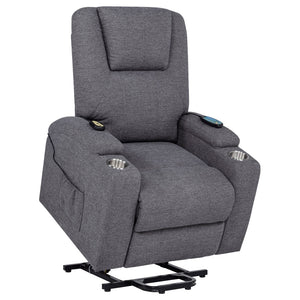 English Elm Grey Chenille Power Lift Recliner with Heat Massage Storage Pockets and Cup Holders B062P521995