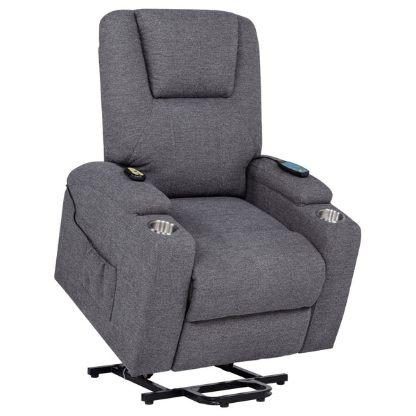 English Elm Grey Chenille Power Lift Recliner with Heat Massage Storage Pockets and Cup Holders B062P521995