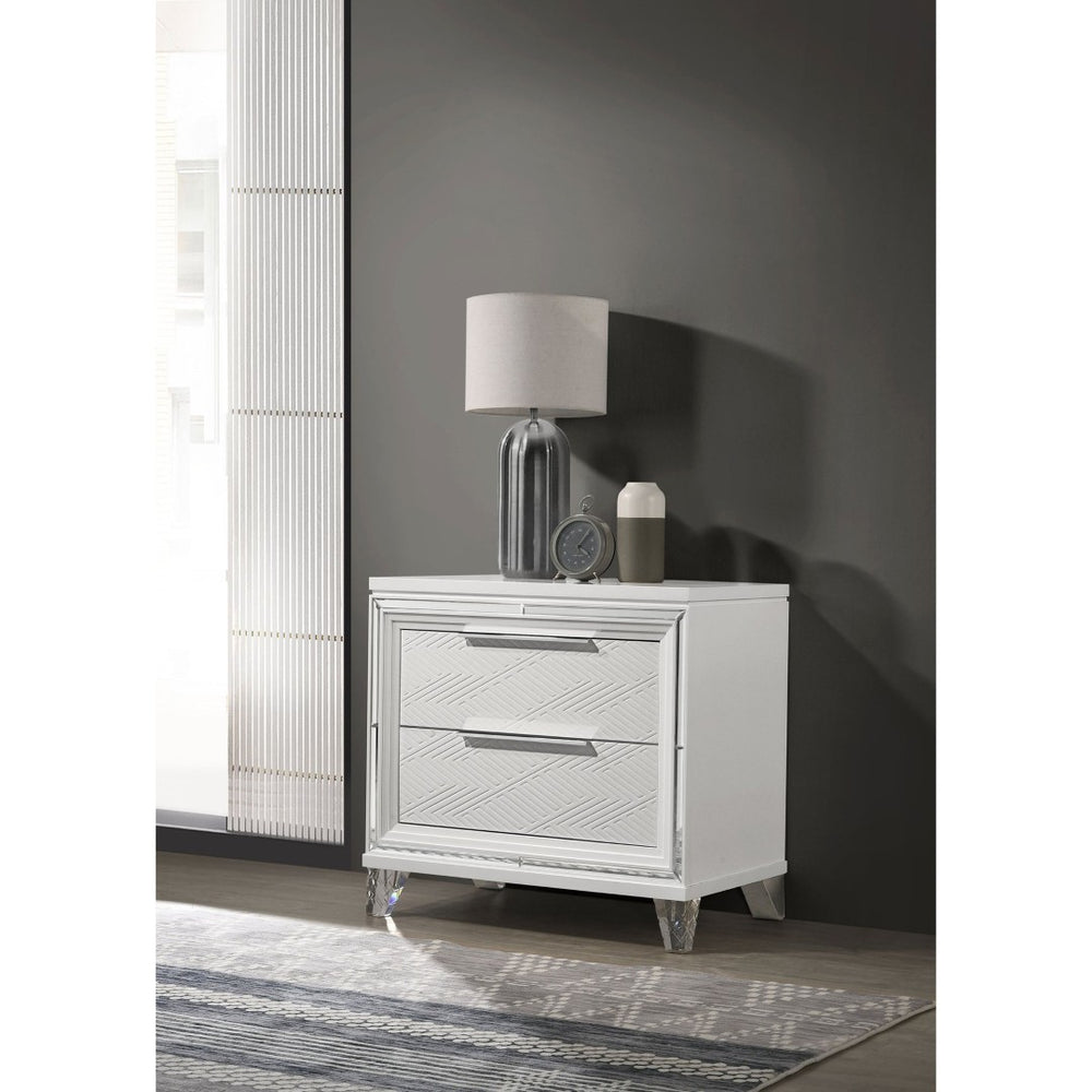 English Elm White Two Drawer Nightstand with Mirrored Accents Herringbone Detail and Chrome Pulls B062P522004