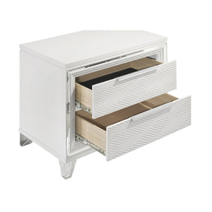 English Elm White Two Drawer Nightstand with Mirrored Accents Herringbone Detail and Chrome Pulls B062P522004