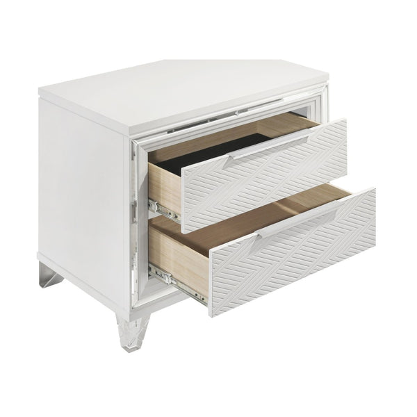 English Elm White Two Drawer Nightstand with Mirrored Accents Herringbone Detail and Chrome Pulls B062P522004