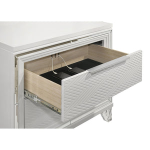 English Elm White Two Drawer Nightstand with Mirrored Accents Herringbone Detail and Chrome Pulls B062P522004
