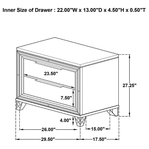 English Elm White Two Drawer Nightstand with Mirrored Accents Herringbone Detail and Chrome Pulls B062P522004