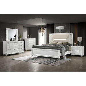 English Elm White Two Drawer Nightstand with Mirrored Accents Herringbone Detail and Chrome Pulls B062P522004