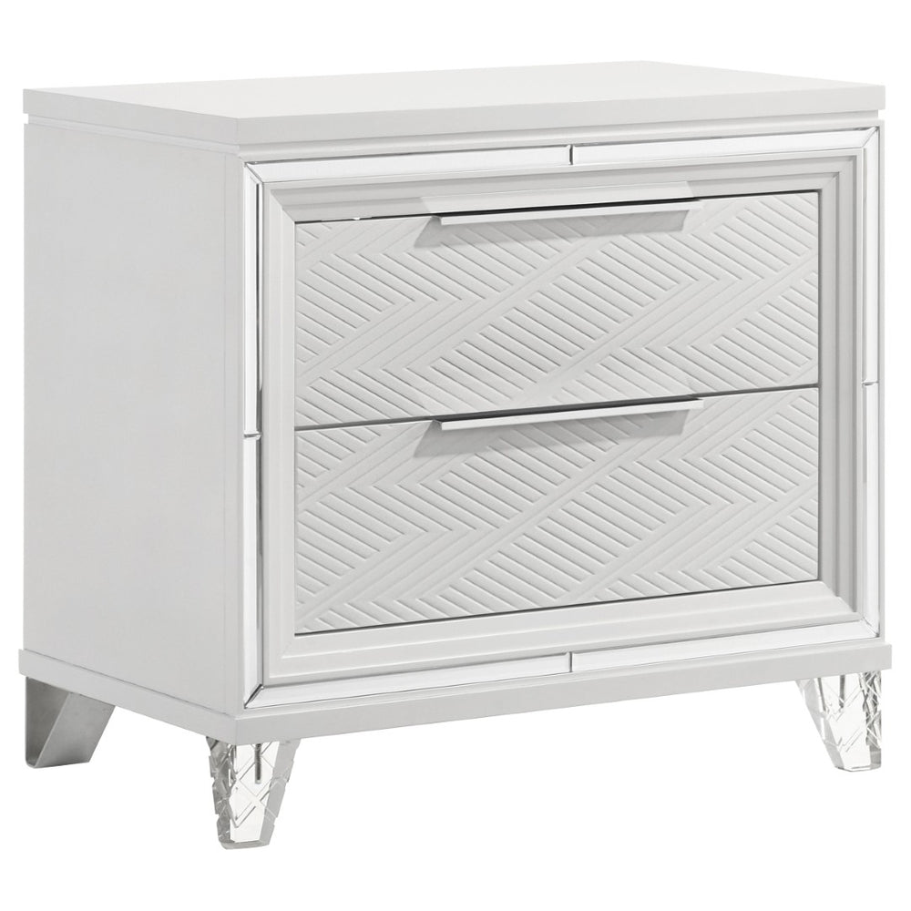 English Elm White Two Drawer Nightstand with Mirrored Accents Herringbone Detail and Chrome Pulls B062P522004
