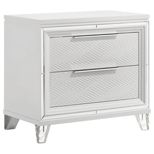English Elm White Two Drawer Nightstand with Mirrored Accents Herringbone Detail and Chrome Pulls B062P522004
