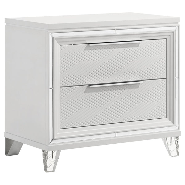 English Elm White Two Drawer Nightstand with Mirrored Accents Herringbone Detail and Chrome Pulls B062P522004