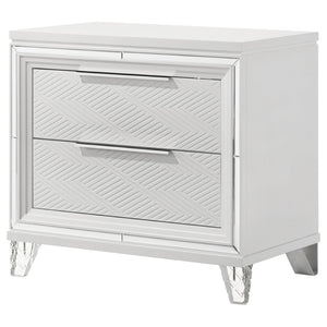 English Elm White Two Drawer Nightstand with Mirrored Accents Herringbone Detail and Chrome Pulls B062P522004