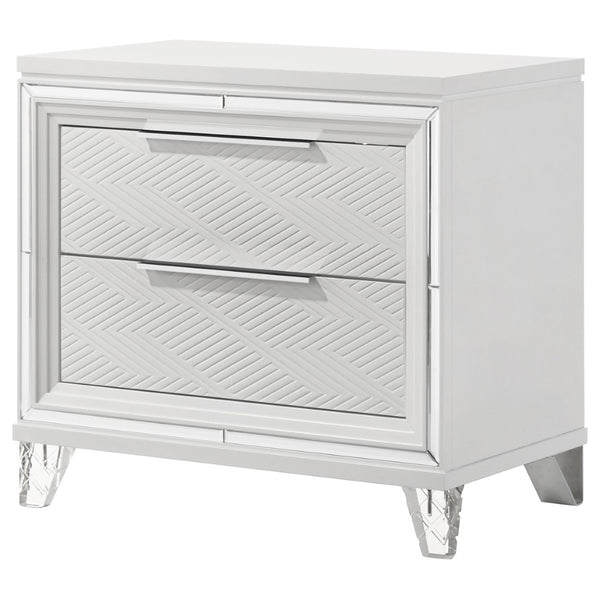 English Elm White Two Drawer Nightstand with Mirrored Accents Herringbone Detail and Chrome Pulls B062P522004