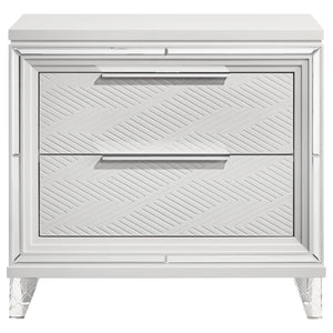 English Elm White Two Drawer Nightstand with Mirrored Accents Herringbone Detail and Chrome Pulls B062P522004