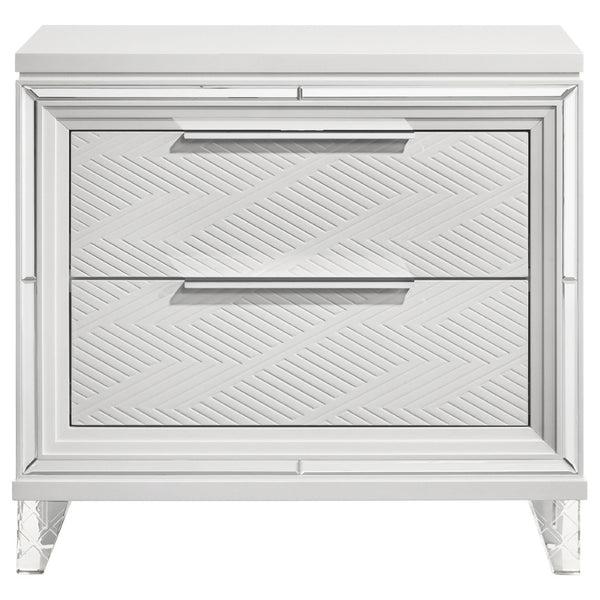 English Elm White Two Drawer Nightstand with Mirrored Accents Herringbone Detail and Chrome Pulls B062P522004
