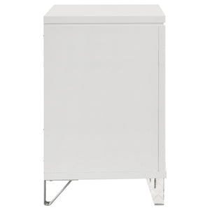 English Elm White Two Drawer Nightstand with Mirrored Accents Herringbone Detail and Chrome Pulls B062P522004