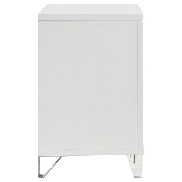English Elm White Two Drawer Nightstand with Mirrored Accents Herringbone Detail and Chrome Pulls B062P522004