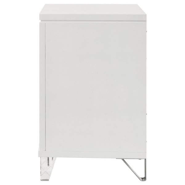English Elm White Two Drawer Nightstand with Mirrored Accents Herringbone Detail and Chrome Pulls B062P522004