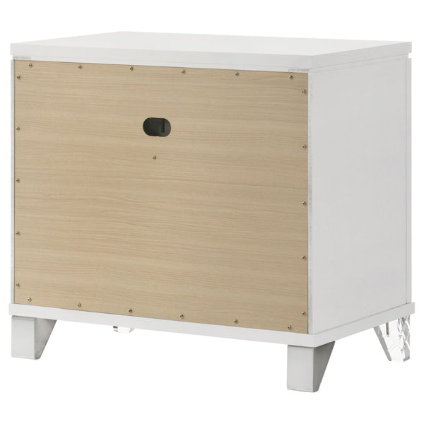 English Elm White Two Drawer Nightstand with Mirrored Accents Herringbone Detail and Chrome Pulls B062P522004