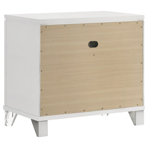English Elm White Two Drawer Nightstand with Mirrored Accents Herringbone Detail and Chrome Pulls B062P522004