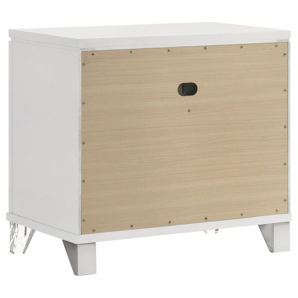 English Elm White Two Drawer Nightstand with Mirrored Accents Herringbone Detail and Chrome Pulls B062P522004