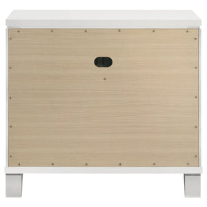 English Elm White Two Drawer Nightstand with Mirrored Accents Herringbone Detail and Chrome Pulls B062P522004