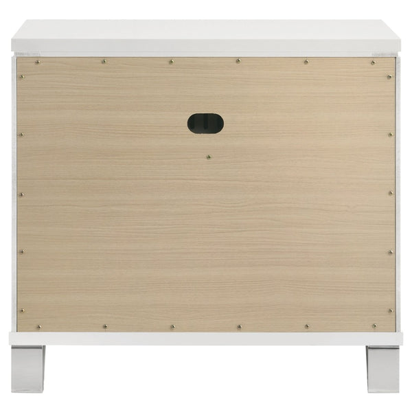 English Elm White Two Drawer Nightstand with Mirrored Accents Herringbone Detail and Chrome Pulls B062P522004
