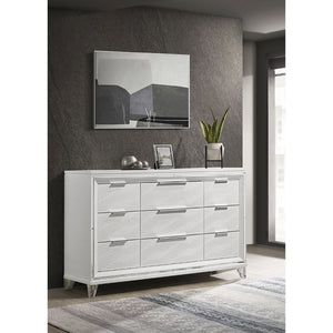 English Elm White Nine Drawer Dresser with Herringbone Fronts Chrome Hardware and Acrylic Legs B062P522005