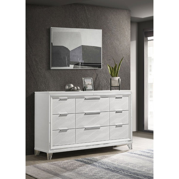 English Elm White Nine Drawer Dresser with Herringbone Fronts Chrome Hardware and Acrylic Legs B062P522005