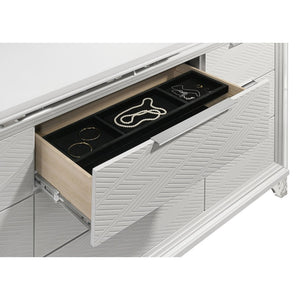 English Elm White Nine Drawer Dresser with Herringbone Fronts Chrome Hardware and Acrylic Legs B062P522005