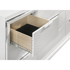English Elm White Nine Drawer Dresser with Herringbone Fronts Chrome Hardware and Acrylic Legs B062P522005