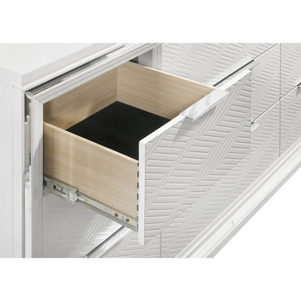 English Elm White Nine Drawer Dresser with Herringbone Fronts Chrome Hardware and Acrylic Legs B062P522005