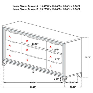 English Elm White Nine Drawer Dresser with Herringbone Fronts Chrome Hardware and Acrylic Legs B062P522005