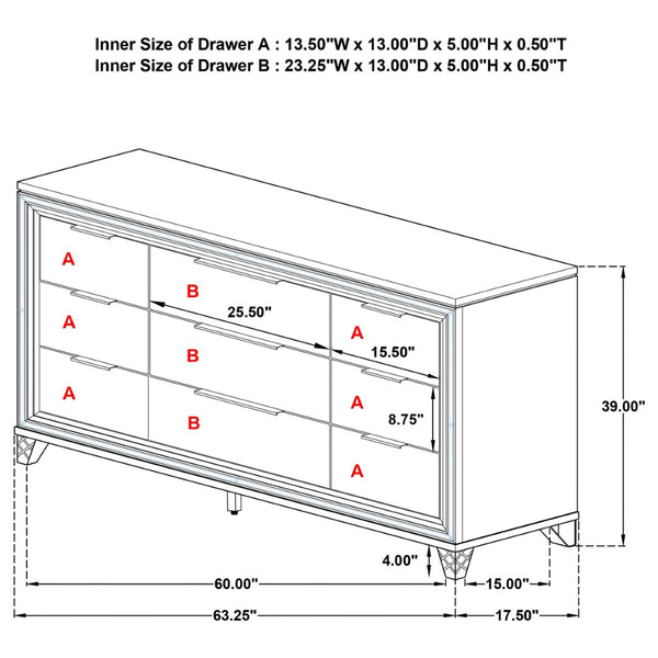 English Elm White Nine Drawer Dresser with Herringbone Fronts Chrome Hardware and Acrylic Legs B062P522005