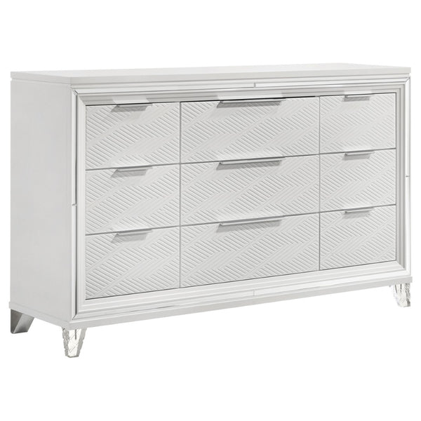 English Elm White Nine Drawer Dresser with Herringbone Fronts Chrome Hardware and Acrylic Legs B062P522005