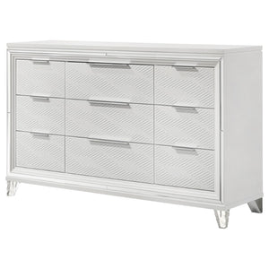 English Elm White Nine Drawer Dresser with Herringbone Fronts Chrome Hardware and Acrylic Legs B062P522005