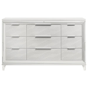 English Elm White Nine Drawer Dresser with Herringbone Fronts Chrome Hardware and Acrylic Legs B062P522005