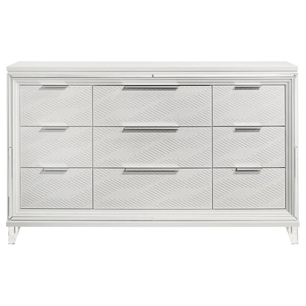 English Elm White Nine Drawer Dresser with Herringbone Fronts Chrome Hardware and Acrylic Legs B062P522005